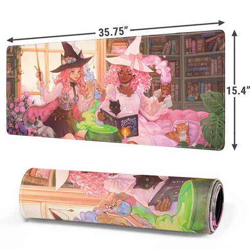 Pink Anime Witch Girls in Library with Cats by Ivy Dolamore Gaming Mouse Pad